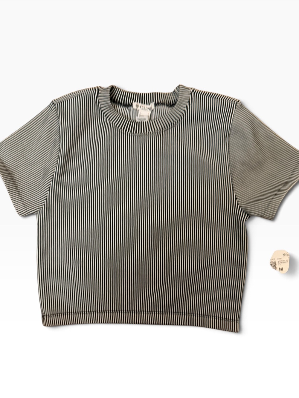 (Size M) NWT Forever 21 Active Black & Vanilla Striped Cropped Knit Top